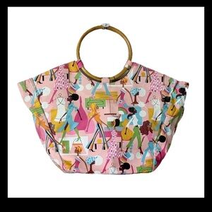 Neiman Marcus Pink Retro Tote Bag Purse Fashion Diva Print Wood Handles